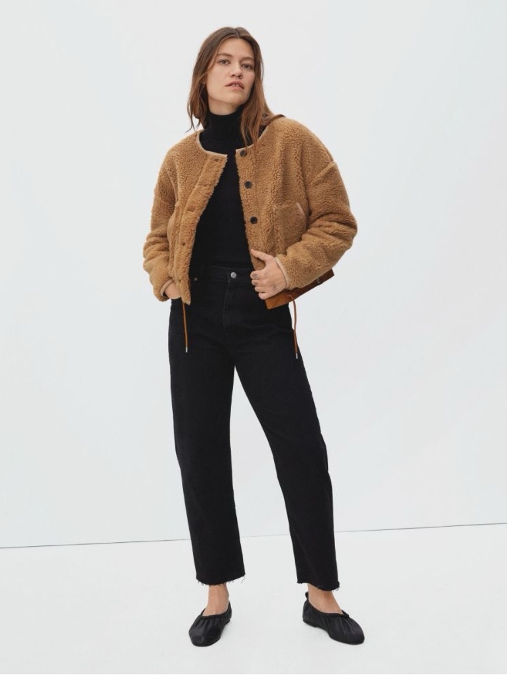 Everlane The Renew Teddy Liner Sherpa Cozy Camel Button-Up Oversized Jacket